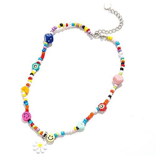 Cute Neckalce Funny Weird Necklace Colorful Beaded Necklace Smile Face Mushroom Lollipops Butterfly Gummy Bear Boba Tea Heart Beaded Necklace Indie Jewelry for Girls Women (#5 sunflower)