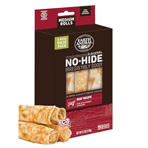 Earth Animal No-Hide Rolls Beef Recipe Medium Natural Rawhide Alternative Dog Chews |3 Count Pack of 1
