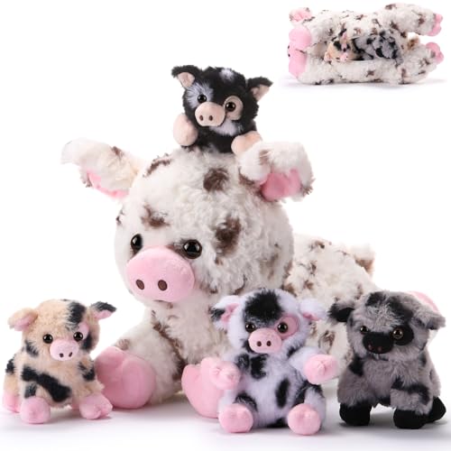 Silipull 5 Pcs Pig Stuffed Animals, 12 Inch Large Plush Mommy Pig with 4 Little Baby in Mother Belly, Gifts for Mothers, Boys and Girls' Graduation Birthday Party Favors (Spotted)
