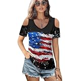 AFPANQZ American Flag Print Cold Shoulder Tops for Women Casual Patriotic Graphic Cut Out Going Out Blouse for Independence Day Memorial Day Holiday Parties Weekend Gatherings