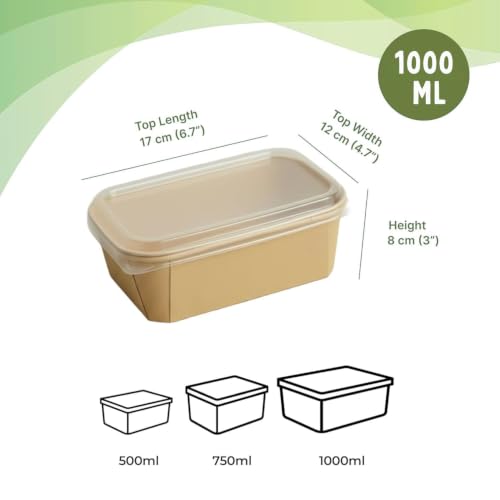 Image of 25 PACK 1000 ml Paper Disposable Containers For Food with Lids | Rectangular Meal Prep Containers & Take Out Box | Leak-Proof Food Storage Containers, Food Packing Box For Kitchen