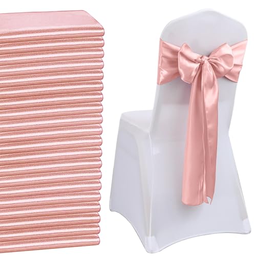 QeeFop Pacote de 50 bandas de cetim para decoração de festas, laço nas costas, gravata de cetim suave para cadeiras de casamento, para molduras arco decoração casamento banquete festa (ouro rosa)