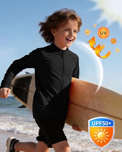 Image of Roadbox UPF 50+ Boys Zip Up Rash Guard Kids Long Sleeve Swim Shirt