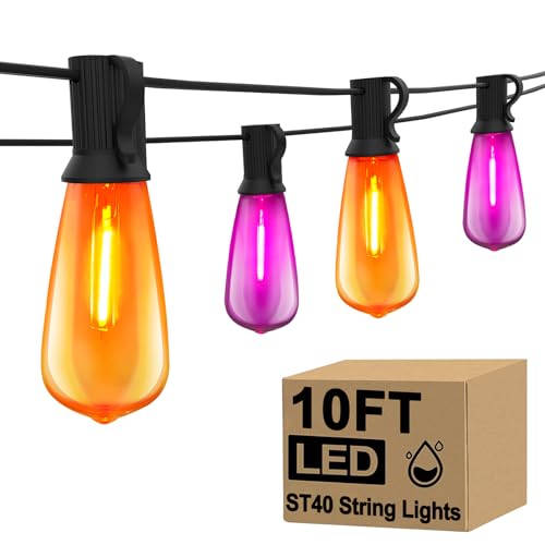 Image of GOOTHY LED Outdoor Halloween Orange and Purple String Lights 10Ft Halloween Decorations Lights with 11 Shatterproof Bulbs, Hanging Patio Lights Outdoor Waterproof for Party Backyard Garden Decor