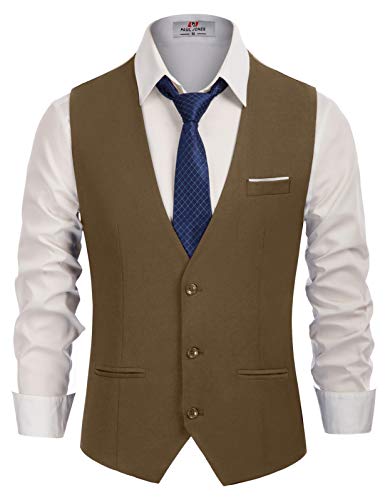 Men's Dress Vests Lightweight Waistcoat 3 Button Vest for Wedding Brown, Large