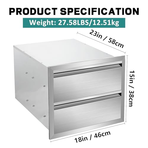 Image of Outdoor Kitchen Drawers 18 inch W x 15 inch H x 23 inch D Stainless Steel Drawer BBQ Double Drawers with Hidden Handle for Outdoor Kitchen Island, Patio Grill Station