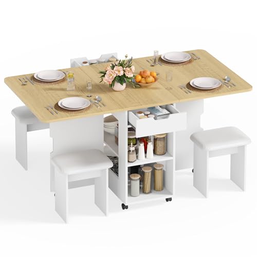 Mondeer Ensemble Table à Manger avec 4 Chaises, Ensemble Table à Manger Pliable avec 2 Tiroirs et 2 Etagères de Rangement, pour Petits Espaces, 140 x 75 x...