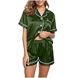 TTFDJG Pyjama Satin Damen Hausanzug Damen Elegant Schlafanzug Frottee Seidenschlafanzug Kuschel Set Damen Schlafanzug Winter Damen Pyjama Set Baumwolle Sexy Pyjama Für Frauen Dark Green S