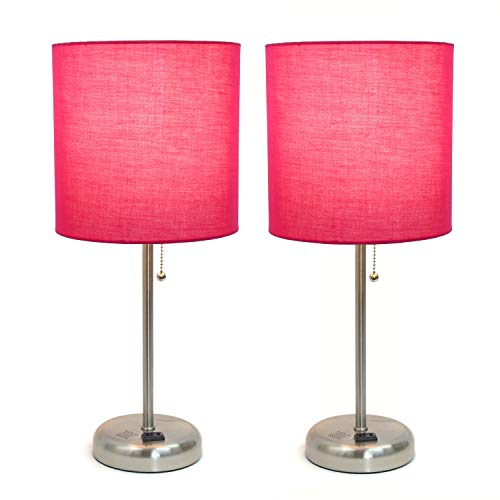 Limelights Lc2001-Pnk-2Pk Brushed Steel Stick Lamp With Charging Outlet And Pink Fabric Shade 2 Pack Table Desk Lamp Set #TOP1