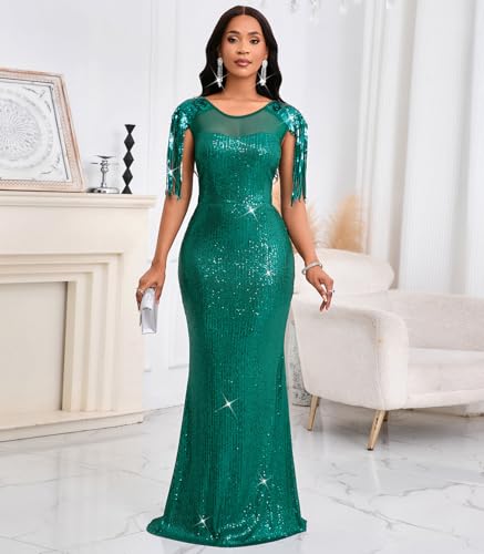 Image of Cololura Sexy Sequin Tassel Mesh Perspective Party Cocktail Bodycon Evening Club Maxi Dress