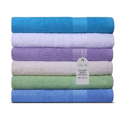 Ashley Mills Bath Towels – Set of 6 | 100% Cotton, Soft & Absorbent Bathroom Towels | Lightweight, Quick-Dry, 400 GSM | 28” x 55” for Home, Gym, Pool & Spa | Multi-Color by Ashley Mills - Used condition - US$32.33