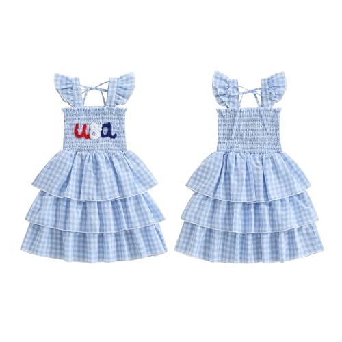 Toddler Baby Girl 4th of July Clothes USA Embroidery Smocked Dress Flying Sleeve Layered Ruffle Princess Dresses4