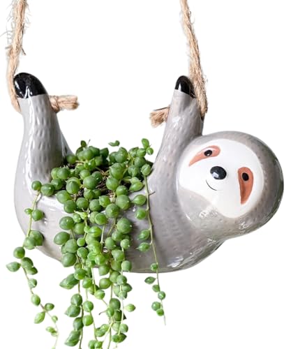 AIPOGOOIN Sloth Hanging Planters for Indoor Outdoor Plants Cute Succulent Cactus Pots Ceramic Flower Pot Holder Gardening Gifts for Women Plant Lovers Gardeners Mom