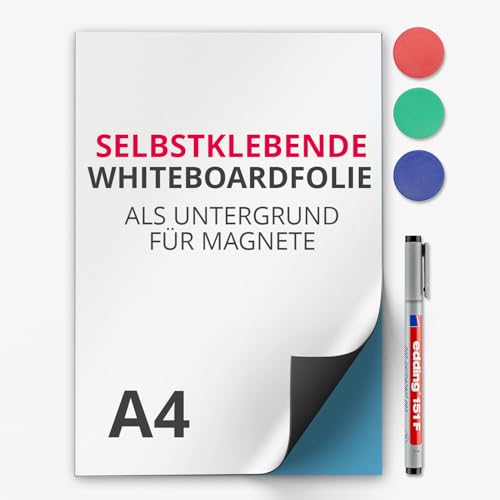 DIN A4 Magstick® Pellicola lavagna adesiva I superficie adesiva flessibile per magneti I pellicola ferrosa bianca, scrivibile, lavabile I mag_088