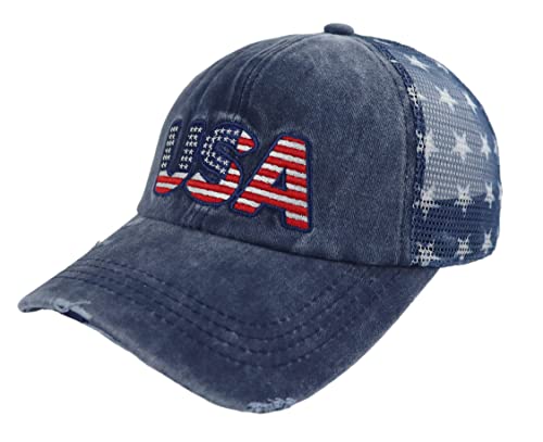 Image of American Flag Trucker Hat for Men Women, Adjustable Vintage Embroidery Washed Distressed USA Baseball Cap