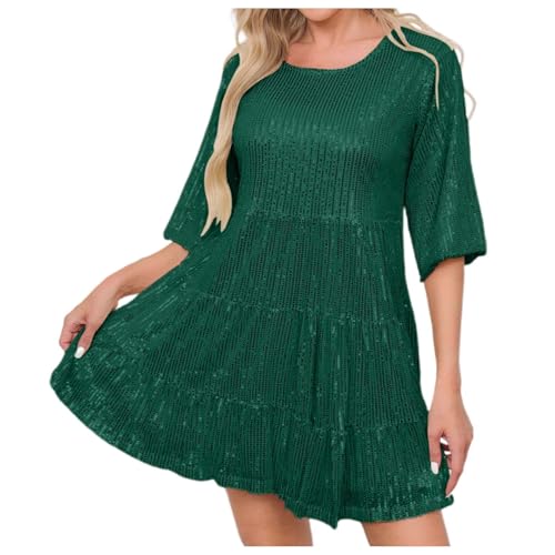 Robe à paillettes vert émeraude pour femme coupe évasée manches mi-longues de soirée