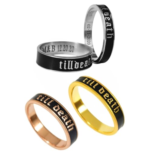 4mm 6mm Pair Set Black Enamel Band Ring with 'Till Death' Engraving, 925 Sterling Silver Valentine's Day Couple Gift, Enamel Ring For Men And women, Wedding And Anniversary Couple Gift