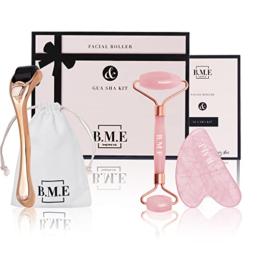 B M E Rose Quartz Jade Roller for Face, Derma Roller, and Gau Sha Set for Skin Care, Eye and Face Massager Tool -Pack of 3