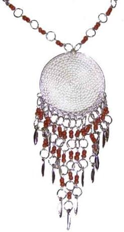 Whirlpool Silver Omate Toned, Filgree Halos, Brown Beaded Dangle Pendant Necklace
