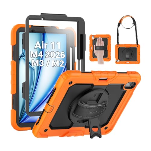 Image of SEYMAC Case for iPad Air 11 Inch M4 / M3 / M2 (2026 /2025 / 2024), Heavy Duty Shockproof Protective Case with Screen Protector, 360 Rotating Stand and Hand /Shoulder Strap, Orange