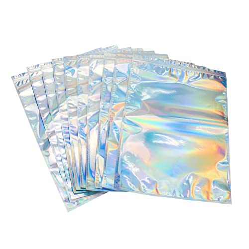50 Pack- Mylar Smell Proof & Resealable Foil 1.5 Gallon Bag- Zip Lock Bag for Party Favors, Gifts, Candy, Jewelry & More (Holographic With Clear Window)(4x6)