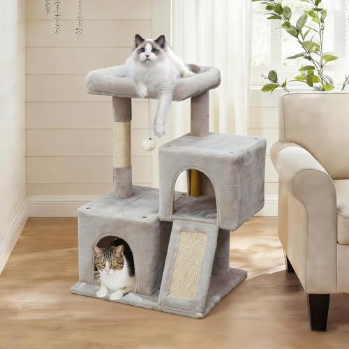 Árbol para gatos de 29.5 pulgadas con doble condominio blanco-gris miniatura 1