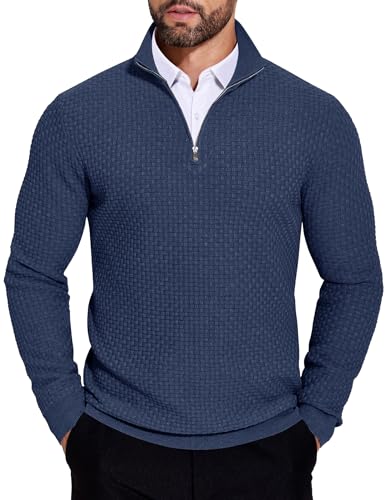 COOFANDY Men's Jumpers Polo Neck Quarter Zip Jumper Slim Fit Thick Warm Winter Sweaters Lightweight Knitted Long Sleeve Pullovers Navy Blue L
