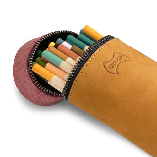 Image of Hide & Play, Pencil-Shaped Case for Pens, Pencils, Markers, and Office Accessories, Zippered Bag, Pen Storage, Full Grain Leather, Handmade (Old Tobacco)