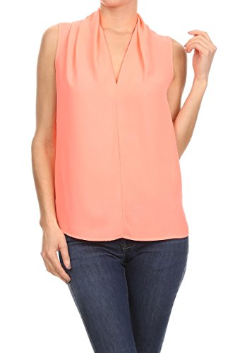 RENEEC. Women's Basic V Neck Sleeveless Office Tank Blouse Top - Made in USA (Large, Peach)