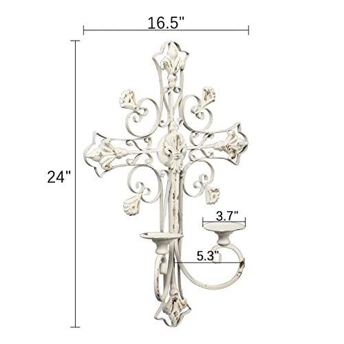 Rustic Large Candle Wall Sconce 24 Inch, Distressed White Metal Candle Sconces, Silver Wall Candle Holder, Antique Metal Art Wall Decor For Living Room Bedroom Dining Room #TOP7