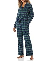 Amazon Essentials Women's Flannel Long-Sleeve Button Front Shirt and Pant Pajama Set, Cobalt Blue Green Blackwatch Plaid, X-Large