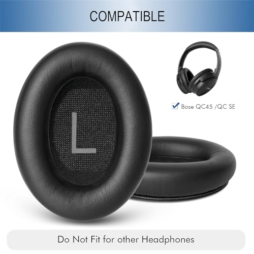 GEVO Replacement Ear Pads for Bose QC45, Ear Cushions for Bose QuietComfort 45 (QC45) & Quiet Comfort SE (QC SE) Headphones, Earpads with Softer Leather Noise Isolation Foam (Black)