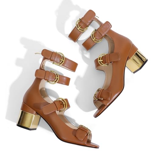 LOCERICH Womens Heeled Sandals Chunky Block Heels Open Toe Strappy Comfortable Ankle Strap Gold Low Heel Dress Shoes for Women - Office, Date, Party, Summer Casual Outings — view 6