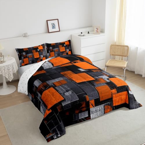 Image of Feelyou Orange Black Bedding Set Twin Size, Kids Geometric Grid Comforter Set Geometrics Comforter Abstract Art Duvet Insert Bed Set 2Pcs