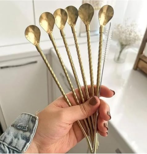 Image of 6-Piece Reusable Stainless Steel Straw Spoon Combo (8.6 inch Gold) with Cleaning Brush | Metal Straws for Milkshakes, Smoothies, Iced Tea, Cocktails | Eco-Friendly Party & Home Use