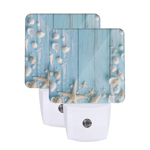 Image of Starfish Blue Board LED Plug-in Night Lamp 2 Piece Set, Auto Sensor Seashells Nightlights Set of 2 for Bedroom Bathroom Stairs