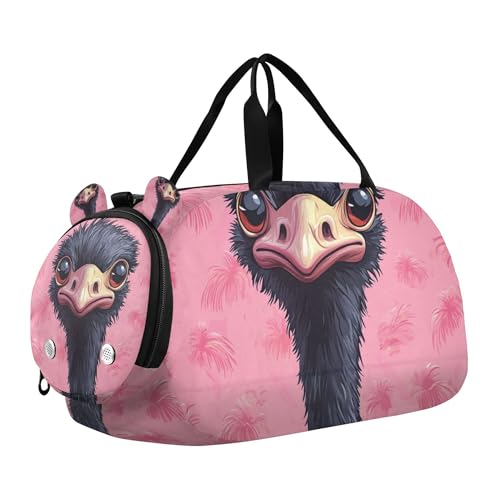 Glaphy Cute Ostrich Cartoon Duffle Bag for Toddler Boys Girls, Gym Sports Bag with Shoe Compartments, Kids Travel Overnight Weekender Shoulder Bag
