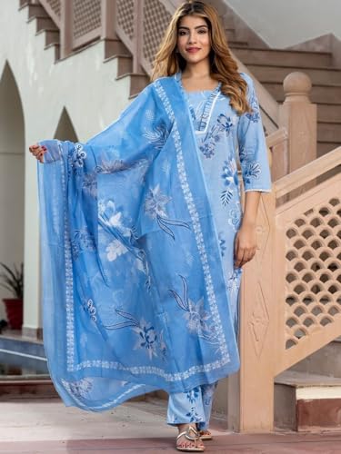 Image of PARTHVI Women's Pure Cotton Printed Straight Kurta With Embroidered Palazzo Pants & Dupatta Set- Ethnic Wear, Blue
