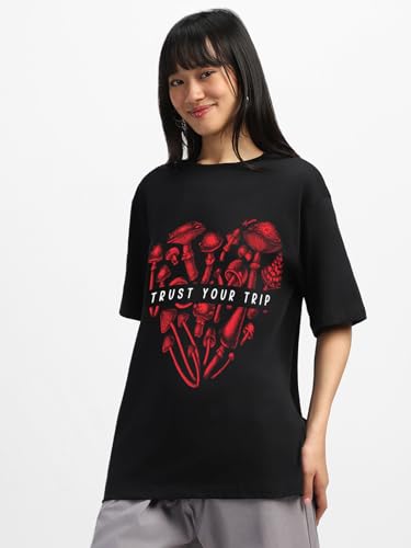 Image of JUNEBERRY Pure Cotton Round Neck Half Sleeve Oversized Baggy Fit Drop Shoulder Front Printed T-Shirt for Women