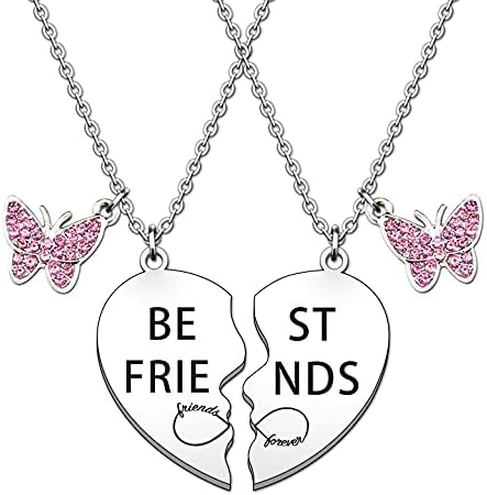 HULALA Best Friend Necklaces For 2 Girls BFF Best Friends Gifts Friendship Puzzle Heart Necklace Set Charm Pink Rhinestone Butterfly Pendant Necklace Jewellery