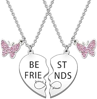HULALA Best Friend Necklaces For 2 Girls BFF Best Friends Gifts Friendship Puzzle Heart Necklace Set Charm Pink Rhinestone Butterfly Pendant Necklace Jewellery