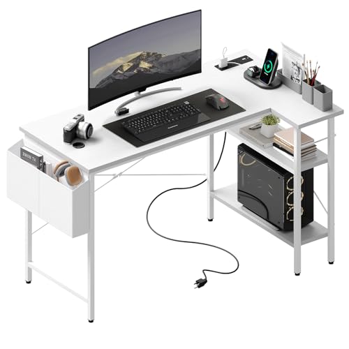 DUMOS Corner Gaming Desk with Power Strip, Storage Shelves