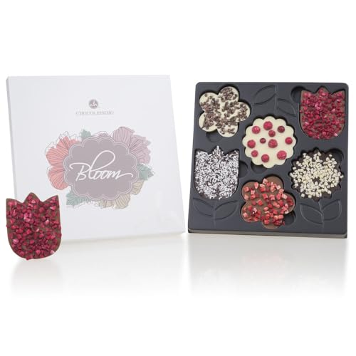CHOCOLISSIMO - Blumen Geschenk - Schokolade Geschenk für Frauen, Mädchen, Mama, Freundin, Kollegin, Gärtner - 6 Schokoladentafeln in Blütenform - Geschenkidee Ostern, Valentinstag, Renteneintritt