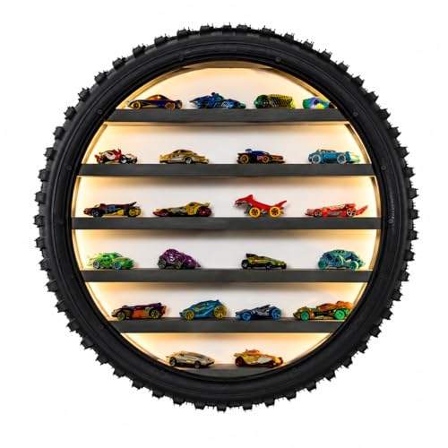 Image of Wall Mounted Tire Display Shelf with LED Lights for Kids Room | Wooden Circular Tyre Rack, Die-Cast Cars, Toy Car Organizer Storage, wall car, toy car storage organizer