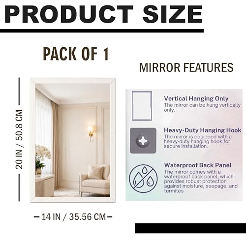 Image of Rousrie Premium Framed Glass Wall Mount Mirror, Decorative, for Bathroom, Bedroom, Living Room and Entryway, Wash Basin (14 by 20 Inch) (White)