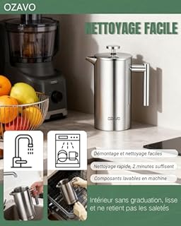 OZAVO Cafetière à Piston 1000ML INOX Isotherme avec 5 Filtres Remplacement French Press 3 en 1 Acier Français Cafe Filtre à Thé Manual - 1 Litre