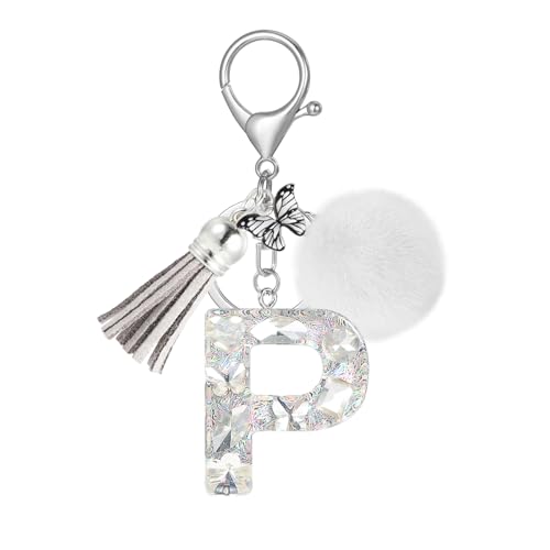 JSRQT Llaveros con Letra Inicial P Brillante, Resina Diamantes Cristales Llaveros Letras del Alfabeto para Coche Mujer, Colgantes con Pompones Mariposa Dije para Bolso de Moda, para Bolso, Mochila