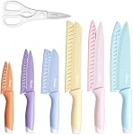 Colorful Knife Set, 13 Pieces Kitchen Knives Set with Nonstick Ceramic Anti-Rust Coating, Chef Knife Sets with 6 Blade Guards, Dishwasher Safe, Gifts Knife Set for Women