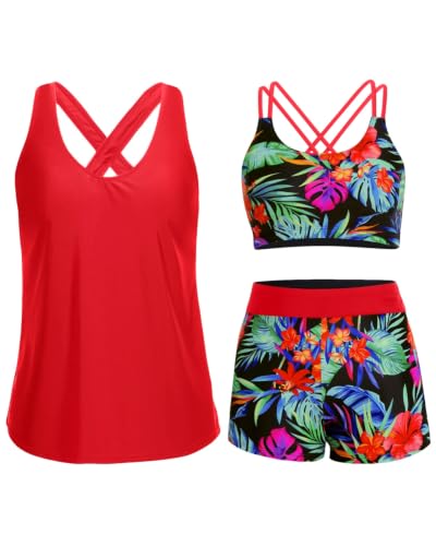 Image of Women's 3 Piece Tankini Swimsuit Tummy Control Bathing Suit with Boy Shorts