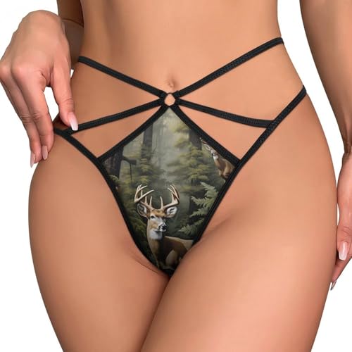 Image of Tree Camo Deer Mesh Thongs for Women Sexy Seamless G-String Panties Stretch T-Back Low Underwear 3XL